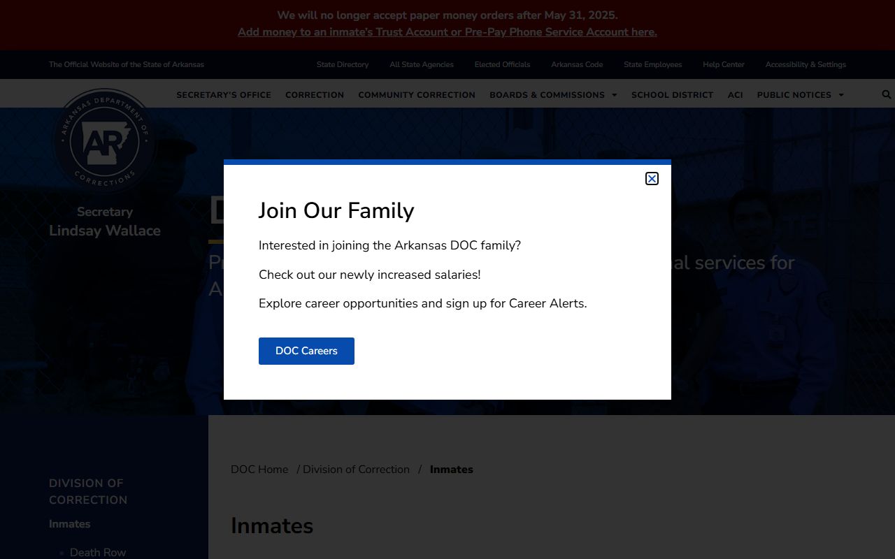 Arkansas DOC inmate-services page with inmate search and custody service links