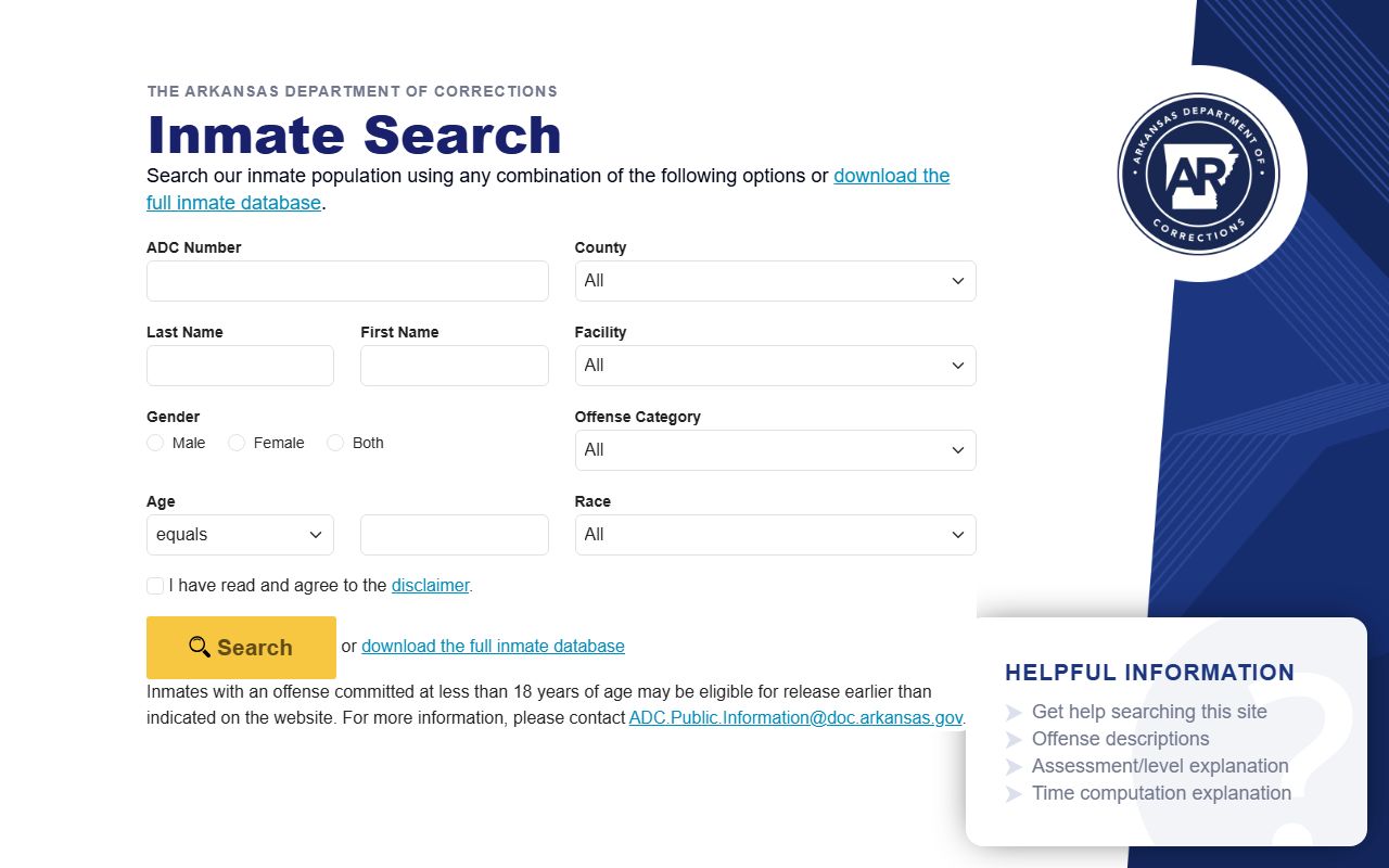 Arkansas DOC inmate search fields for Clark County state inmate lookup
